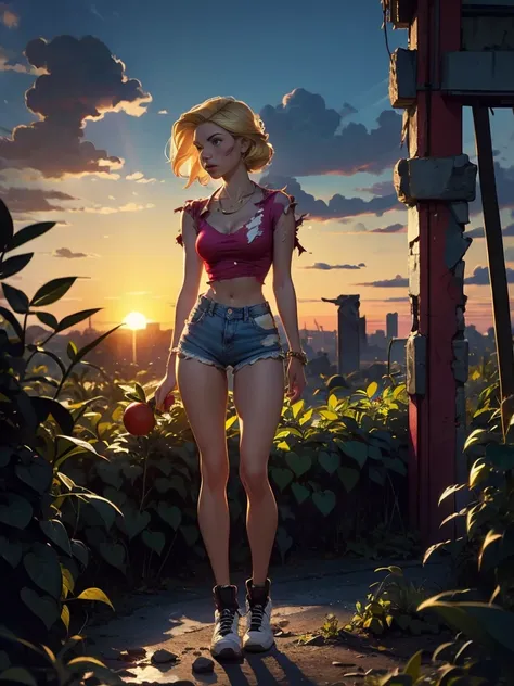 2076 year. the urban ruins of the wasteland, female huntress picking fruit in the garden, beautiful face, blonde, very torn shir...