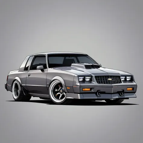 1986 chevy monte carlo ss, pop art, cartoonish style ,detailed, illustration, slammed to the ground, large black staggered wheel...