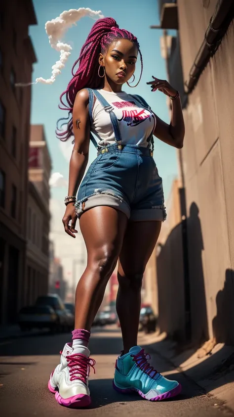 18 year old female with dark skin, braided 3 different colors neon pink and neon green, contrasting color hair, white overalls, ...