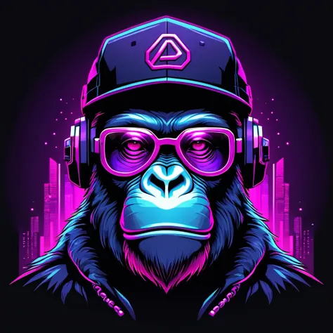 neonpunk style ape head with textless cap and vr glasses, futuristic style, t-shirt design, flat colors, vector art, ((black bac...