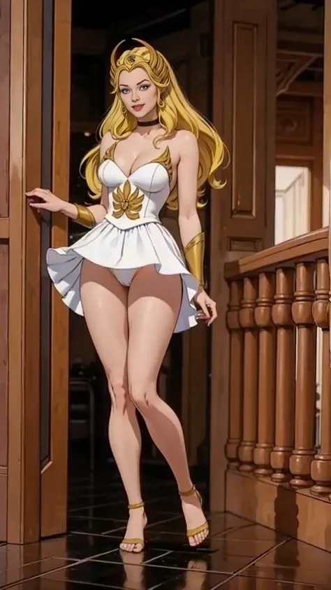 ((full body photo, standing, feet on the floor)) detailed photo of 1 girl, blonde, white dress, choker, she_ra, dynamic pose, smug smile, tall, (slim body: 1.1), (female hands : 1.3), skindentation, narrow waist, eyeliner, eyelashes, perfect face, detailed...