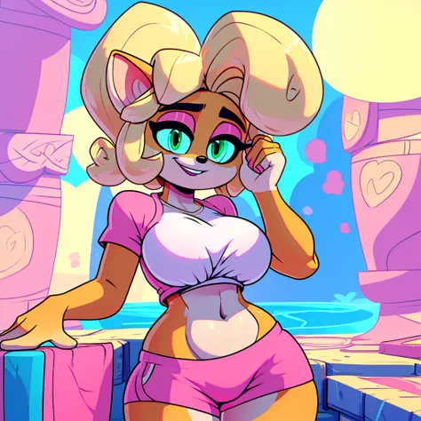 (masterpiece), ((perfect anatomy)), (high res), (4k), bandicoot, green eyes, blonde hair, huge breast, wide hips, (((pink shirt)...