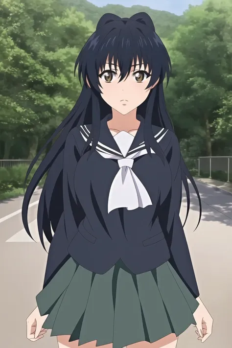 kagome, 1 girl, alone, long_hair, looking_in_viewer, open_boca, negro_hair, long_sleeves, brown_eyes, school_uniform, standing, ...