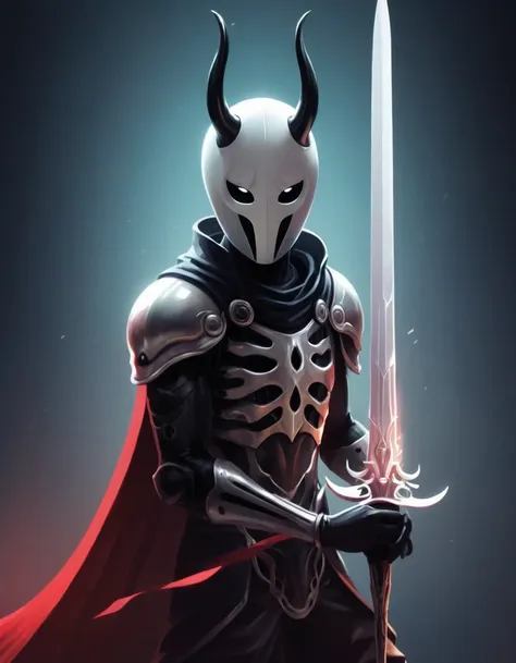 cartoon illustration of a white red and black character with a sword, portrait of hollow knight, hollow knight style, the knight...