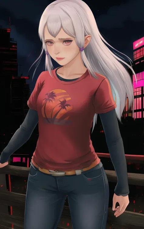 red shirt, long sleeves, standing, neon lights, night, looking at viewer, blue jeans, solo, lysithea, white hair, pink eyes, ell...