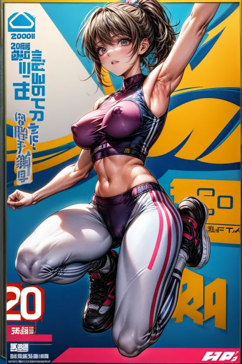 Aerobics Style of the 2000s、sneakers、Detailed picture、girl、25-year-old woman、Dynamic and lively pose、Crotch line、Erect nipples