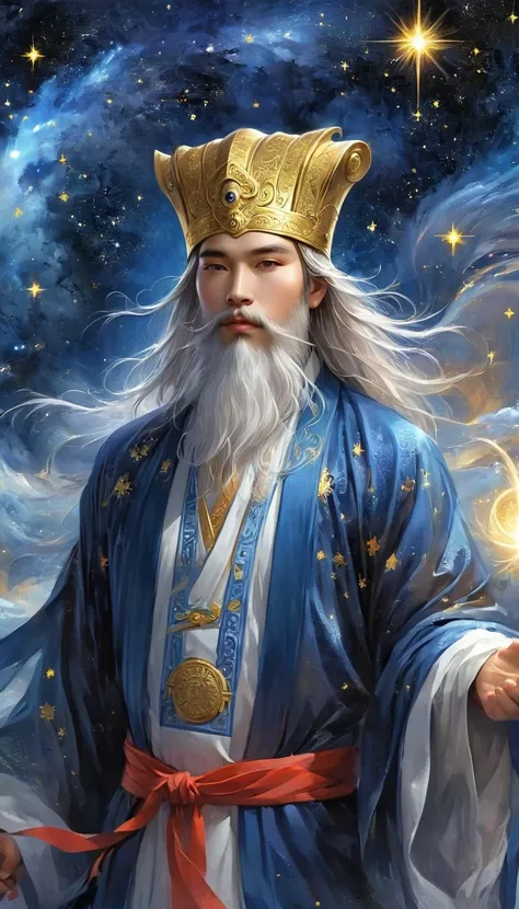 a wise old chinese taoist sorcerer in flowing black robe, long white beard and eyebrows, wearing a traditional scholar's hat, st...