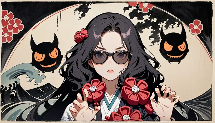 (((Horror elements))), (((claw pose))), (((Highest quality))), (((Katsushika Hokusai))), (((Ink Painting))), ((very straight longhair)), ((1 girl)), ((Half of his face is a robot)), ((Beautiful girl in sunglasses)), Japanese style headphones, Black Hair, D...