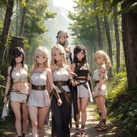 young greek warriors girls in togas , only girls , forest in the background ,five girls, sandals , sexy , multiple girls ,exposed belly, toned body, slim body, curves , black  hair , blonde hair , red hair , white hair  , light armor , knee pads, elbow pad...