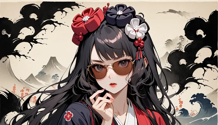 (((Horror elements))), (((claw pose))), (((Highest quality))), (((Katsushika Hokusai))), (((Ink Painting))), ((very straight longhair)), ((1 girl)), ((Gorgeous hair accessories)), ((Beautiful girl in sunglasses)), Japanese style headphones, Black Hair, Del...