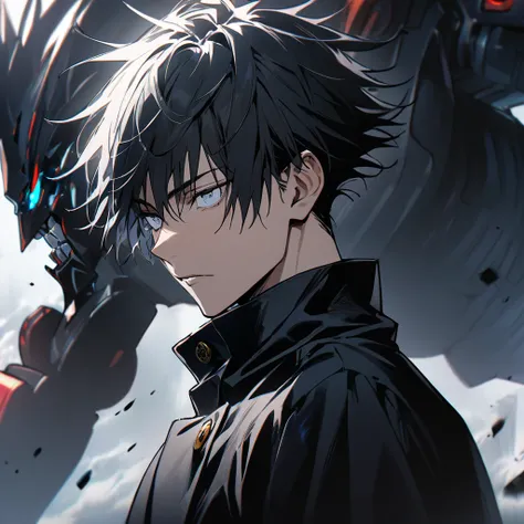 (1boy,jujutsu kaisen) solo, robot, black hair, (layered cut), white bright eyes, masterpiece, best quality, high quality, upper body, male focus,