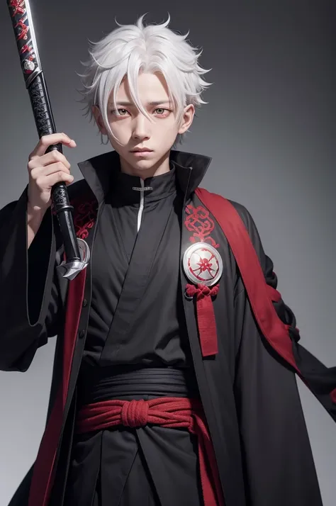 White and curly hair 1.70 tall Ethnicity black Male gender 10 years old Jujutsu Kaisen Sorcerer Uniform Red eyes Looks like a character from the anime jujutsu kaisen Sukunas domain expansion scene Use a cool katana