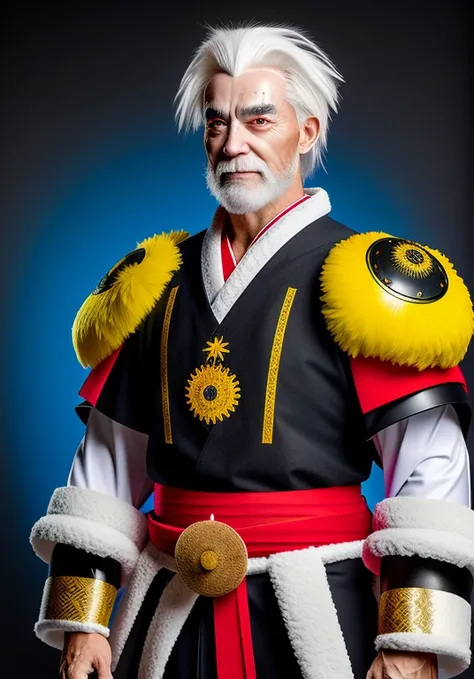 high quality image of realistic subject, white Japanese hakama suit with red landscape decorations, carries three swords, long straight white hair, yellow cloth belt with blue landscape decorations, black half-body armor on the back, blue moon on forehead,...