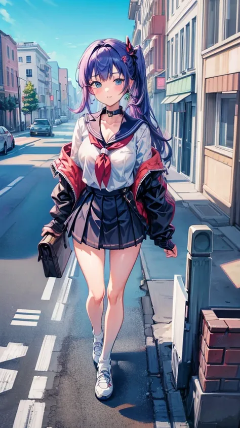 Knot　Unreal Engine　Anime Style　Delicate painting　4K　90s　giant　Multiple Girls　crowd　School building 　City　　School buildingの谷間に立っている巨大な女子高生　school uniform　Sailor suit　skirt　Black Hair　　smile　female giant giant girl Whole body 　 Destroyed skyscrapers Destroye...