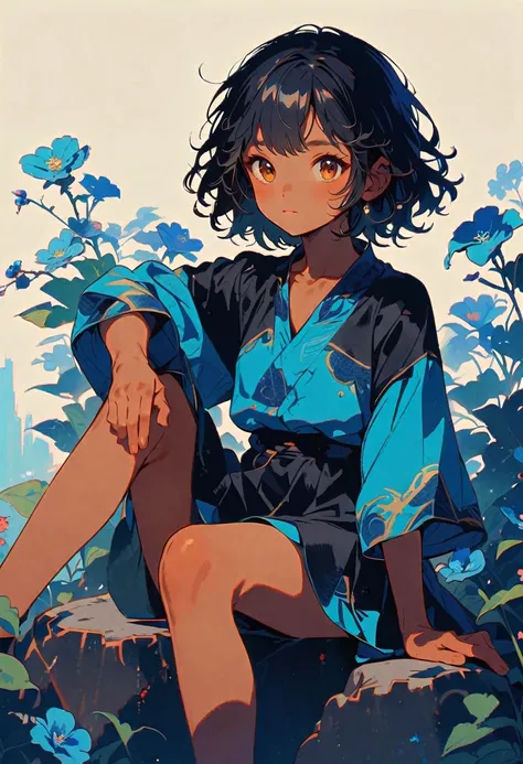 with wavy black hair with flowers, tanned complexion, brown eyes, sitting on a rock with blue tones