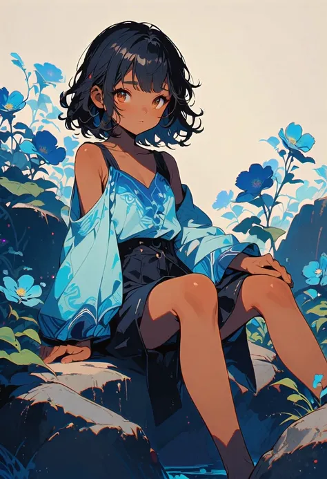 with wavy black hair with flowers, tanned complexion, brown eyes, sitting on a rock with blue tones