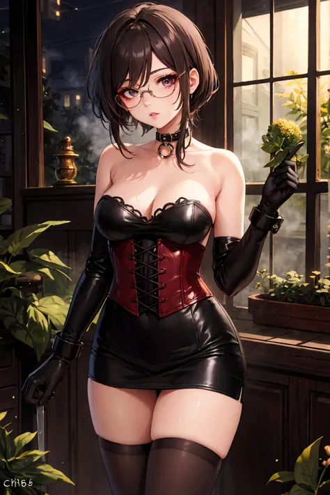 1 girl, Chiori (genshin impact), Alone, choker:1.6, White long sleeve shirt with collar, black leather corset, black gloves that cover your hands, shiny black tight mini skirt, shackles, glasses, looking at the viewer, inside, depth of field, expressionles...