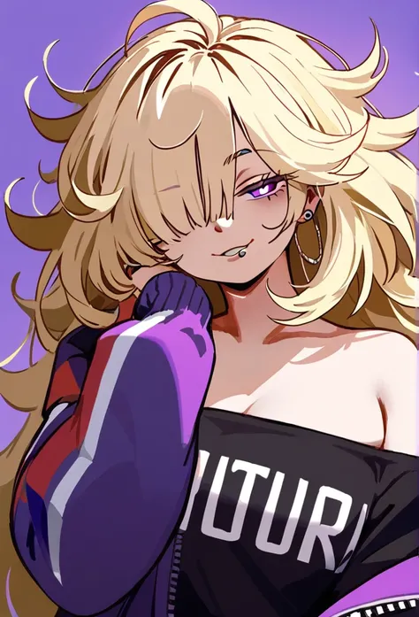 masterpiece, best quality, upper body, score_9,light blonde hair,straight messy hair,purple eyes,half lidded eyes,high quality,lip piercing,1older woman,croptop,half lidding eyes,smirk,off shoulder jacket,shafow over eyes,big purple doe eyes,red plump lips...