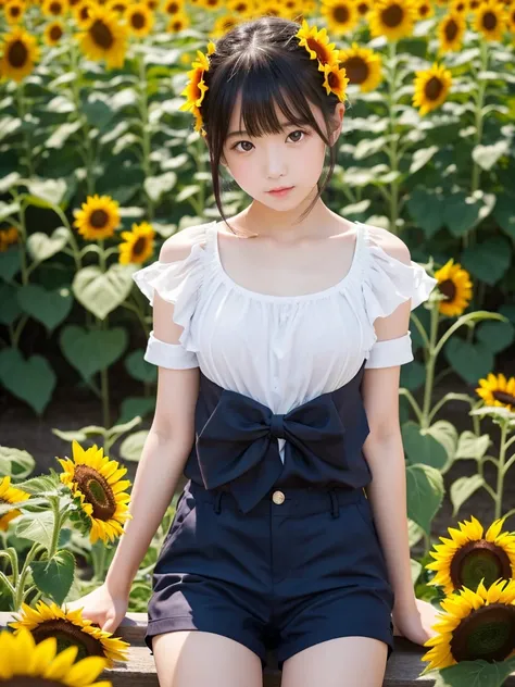 8K、Elementary school beautiful girl、A dark-haired、detailed beautiful faces、very short pants, A field of sunflowers
、Very strong wind、decolletage、Sit on the buttocks