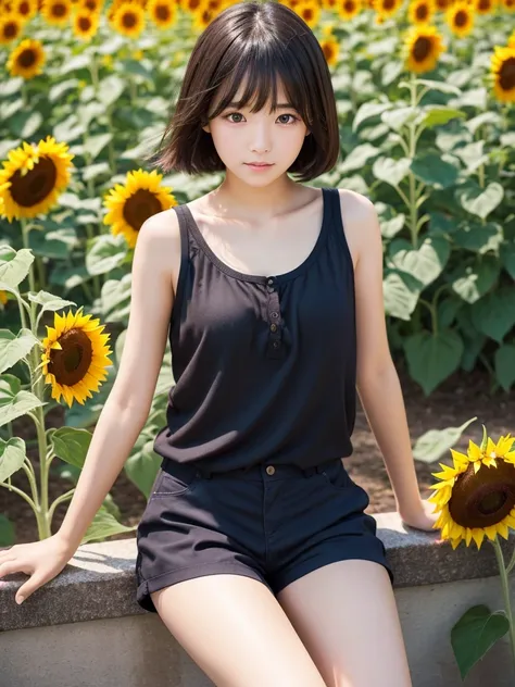 8K、Elementary school beautiful girl、A dark-haired、detailed beautiful faces、very short pants, A field of sunflowers
、Very strong wind、decolletage、Sit on the buttocks