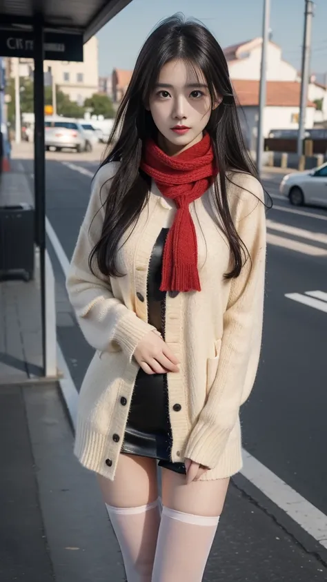 1 Woman, 24 years oF age, (Cute Face), (Ideal body proportions), Modern old town landscape, (Lolita clothing), (((Red muFFler))), wet, White skin, Slender, Black Hair, Pantyhose， Surrealism, light, F/1.8, 135 mm, precise, Anatomically correct, Textured Ski...