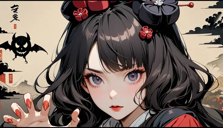 (((Horror elements))), (((claw pose))), (((Highest quality))), (((Katsushika Hokusai))), (((Ink Painting))), ((very straight longhair)), ((1 girl)), ((Gorgeous hair accessories)), ((Beautiful girl possessed by a demon)), Japanese style headphones, Black Ha...