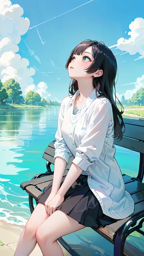 finely detailed illustration, best quality, masterpiece, vibrant color,13 years old、pretty girl、(((Sitting on a bench looking up at the sky:1.37、Girl sitting on the floor looking up at the sky:1.2、Look at the sky:1.37)))、One beautiful girl、Extremely delica...