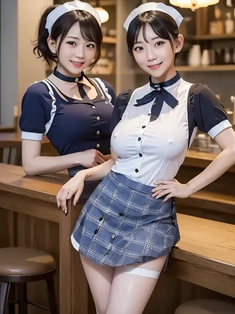 Highest quality、masterpiece、、Very detailed、Realistic、(Two Girls)、(Looking at me with a mischievous smile)、whole body、Small face、Narrow shoulders、(Big Breasts)、Thin and beautiful legs、Tight and slim waist、(Waitress uniform with buttons and collar:1.2)、(Ligh...