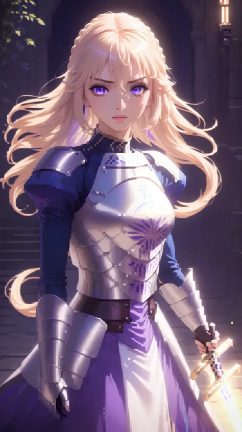 female, purple eyes, flowing hair, glowing hair, calm face, armored dress, glowing beautiful shading, pretty, standing, holding holy sword