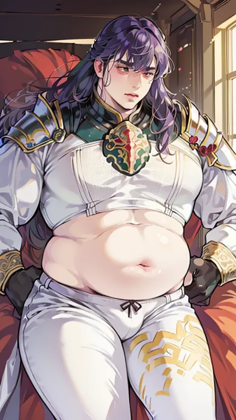 ((masterpiece, high quality, high resolution, perfect anatomy)), fat male, solo male, ((heavy armor)), gentle face, long hair, purple hair, beautiful fat man, gold white and red armor, soft smile, green eyes, flower in hair, intricate details, ((ornate det...