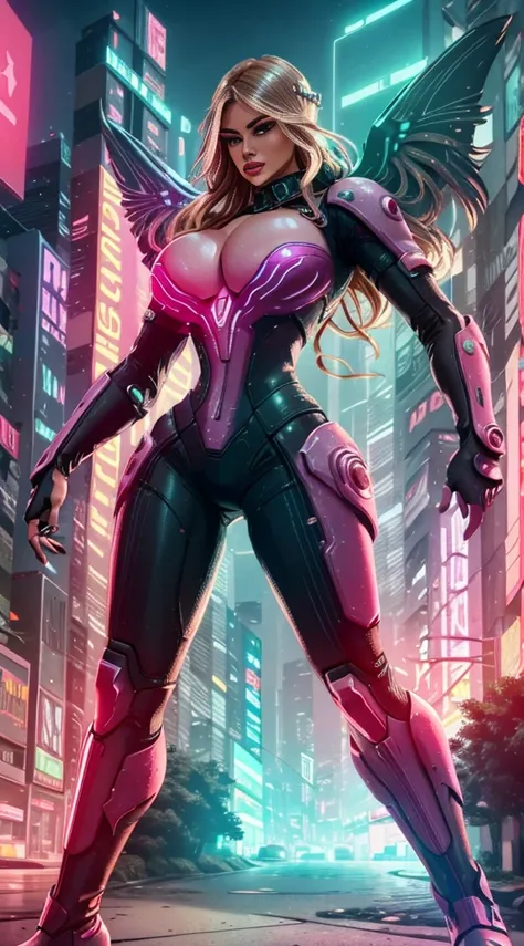 a valkyrie woman in a futuristic cyberpunk neon city, detailed facial features, high-tech bodysuit, gloves and boots, large clea...