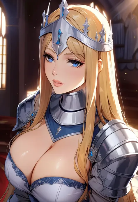 1 woman, medieval, queen, Caucasian, light skin, blue eyes, plump lips, absolutely beautiful face, large breasts, cleavage, wide hips, elegant armour chestplate, heavy cleavage, straight blonde hair, detailed skin, skin detail, (best quality,4k,8k,highres,...