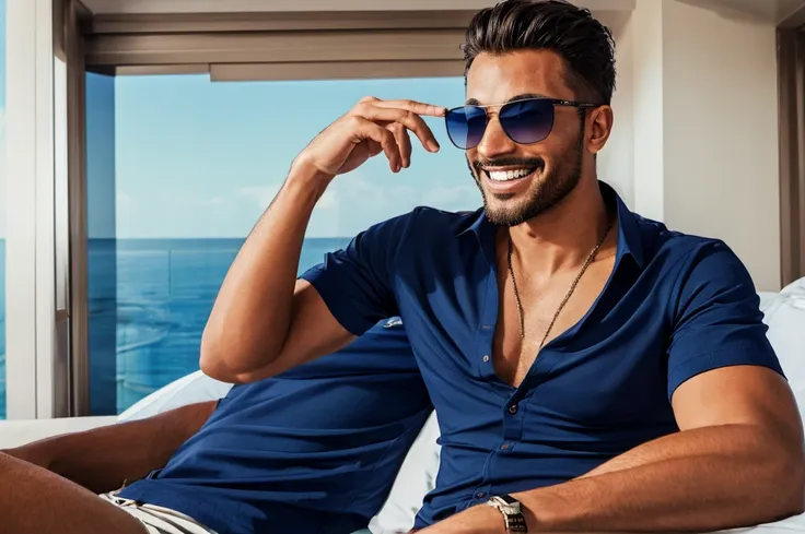 cool guy　smile　achievers　navy shirt　luxury　suite room　sunglasses　stylish　king　　one person