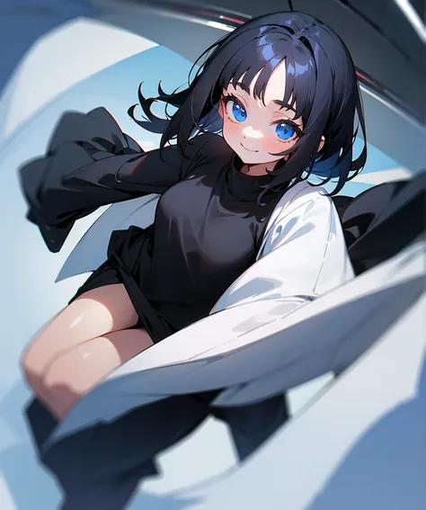 a small yound girl with black hair and blue eyes and she is smiling, she is wearing black clothings with a thick white sweater that is open over her shirt