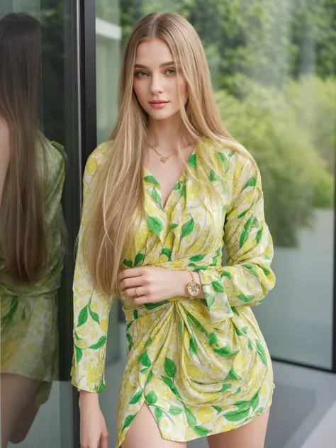 araffed woman in a yellow and green dress standing in front of a glass door, embellished yellow dress, green and yellow tones, 🐿🍸🍋, 🤬 🤮 💕 🎀, yellow and green, green and yellow, Dasha Taran, vine dress, Angelina Stroganova, patterned clothing, beautiful lad...