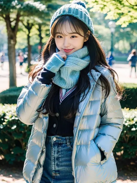 (A super cute Korean schoolgirl wearing a high-end down jacket in the style of a  shyly covers her face:1.2)(Embarrassed look,I grin in embarrassment.:1.1)(Beautiful Sweat:1.1)(16K, RAW Photos, Highest quality, masterpiece: 1.2),(Shiny and beautiful black ...