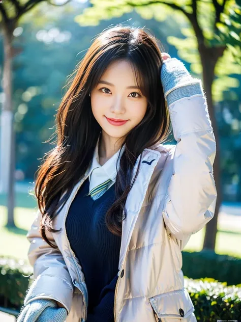 (A super cute Korean schoolgirl wearing a high-end down jacket in the style of a  shyly covers her face:1.2)(Embarrassed look,I grin in embarrassment.:1.1)(Beautiful Sweat:1.1)(16K, RAW Photos, Highest quality, masterpiece: 1.2),(Shiny and beautiful black ...