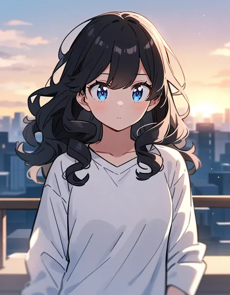  girl from the anime Boku No Hero, long curly black hair, light blue eyes, wearing a simple white long sleeve t-shirt with a V-neckline. 