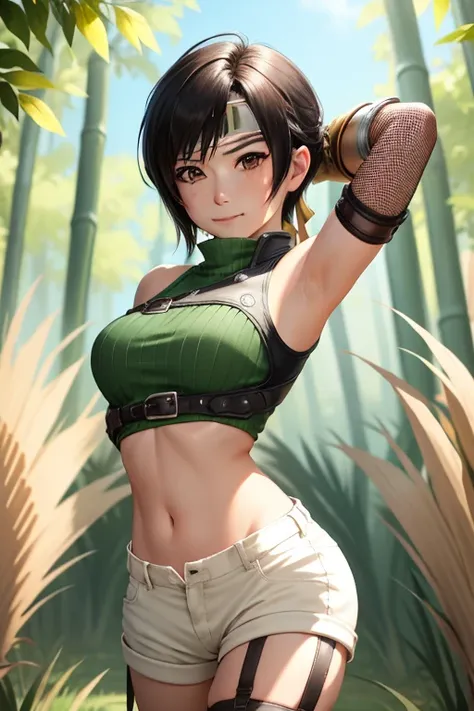 masterpiece, best quality, yuffie kisaragi, headband, green crop top, shoulder armor, armguard, fingerless gloves, tan shorts, s...