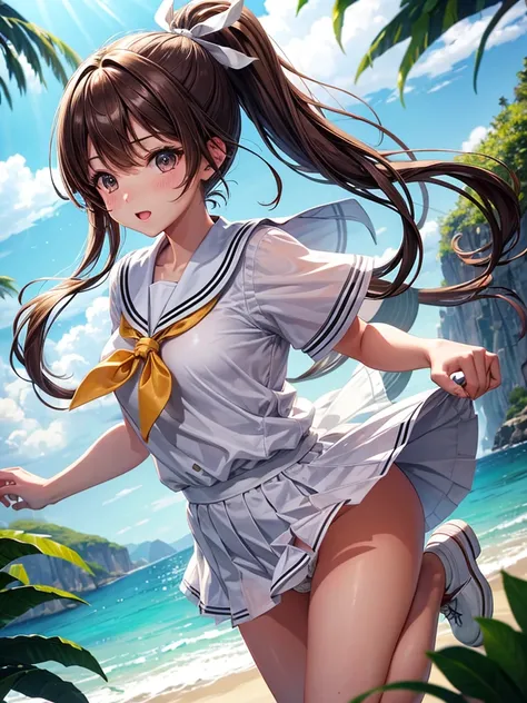 high resolution、high quality、masterpiece、detailed、1 female、Brown Hair、ponytail、White ribbon、Summer sailor uniform、Jump、White panty shot、