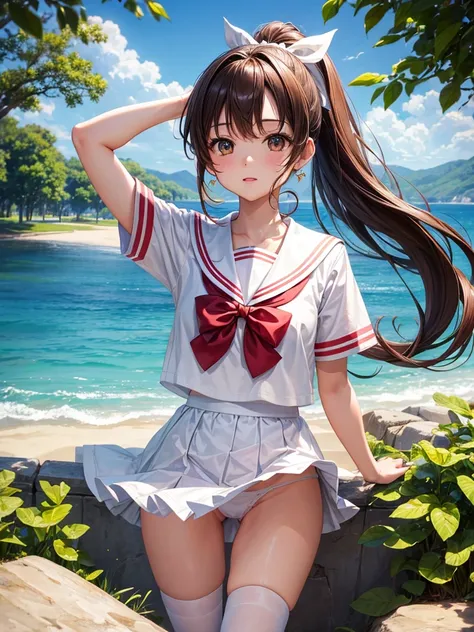 high resolution、high quality、masterpiece、detailed、1 female、Brown Hair、ponytail、White ribbon、Summer sailor uniform、Jump、White panty shot、