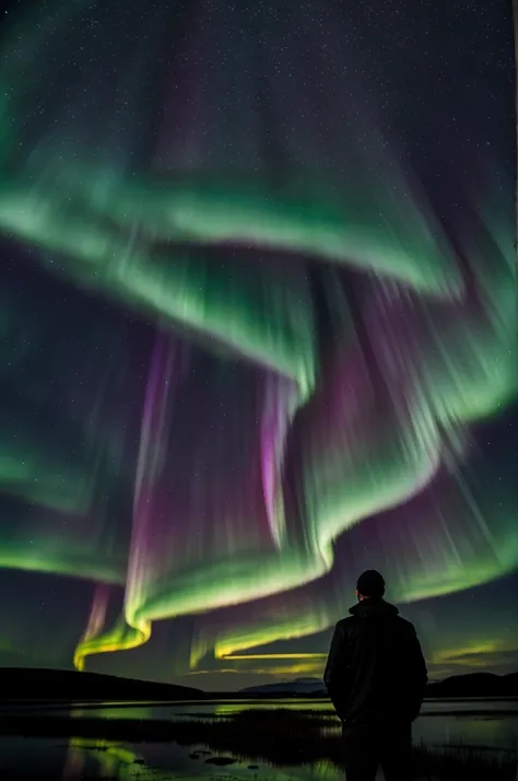 A male subject looking at the northern lights at night