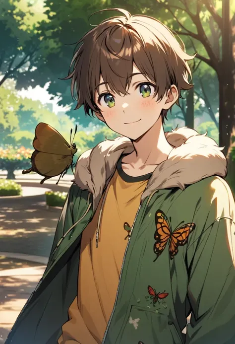 young male, brown fluffy short hair, dark green open hoodie, (bug theme), park background, friendly