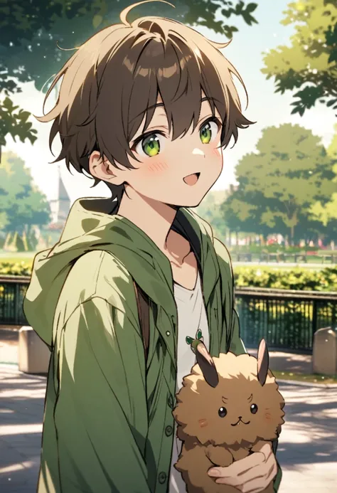 young male, brown fluffy short hair, dark green open hoodie, (bug theme), park background, friendly