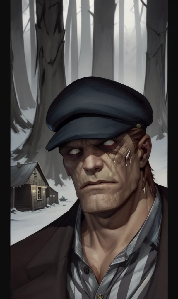 EricPowell2023, Longhaire, thin and with the most melted face illustration, henchman, animated cartoon, striped shirt, flat cap, stark, Speakeasy, in front of an ominous cabin in the gloomy forest