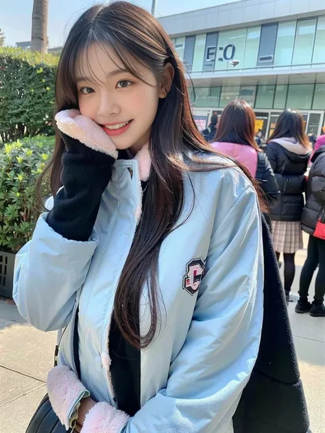 (A super cute Korean schoolgirl wearing a high-end down jacket in the style of a  shyly covers her face:1.2)(Embarrassed look,I grin in embarrassment.:1.1)(Beautiful Sweat:1.1)(16K, RAW Photos, Highest quality, masterpiece: 1.2),(Shiny and beautiful black ...