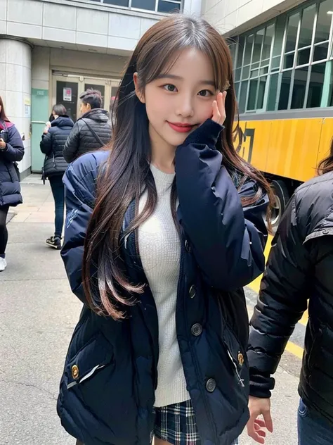 (A super cute Korean schoolgirl wearing a high-end down jacket in the style of a  shyly covers her face:1.2)(Embarrassed look,I grin in embarrassment.:1.1)(Beautiful Sweat:1.1)(16K, RAW Photos, Highest quality, masterpiece: 1.2),(Shiny and beautiful black ...