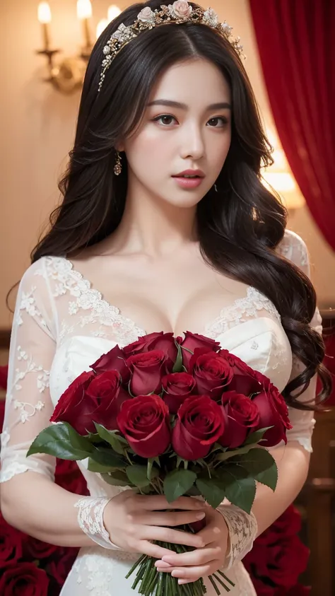 masterpiece、Highest quality、Detailed_skin、hair、Very large breasts:1.5、Lots of red roses on the background:1.5、lace、see-through、Cinematic:1.5