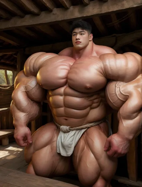 1 asian boy, giant, alone, giant bodybuilder, dim light, strong body, bulk, large size, staring, standing at wood village hut, naked, nude, white simple loincloth, big bulge, extraordinary big, brutalmass, giant muscular body, bulk, buff, massive body, lar...