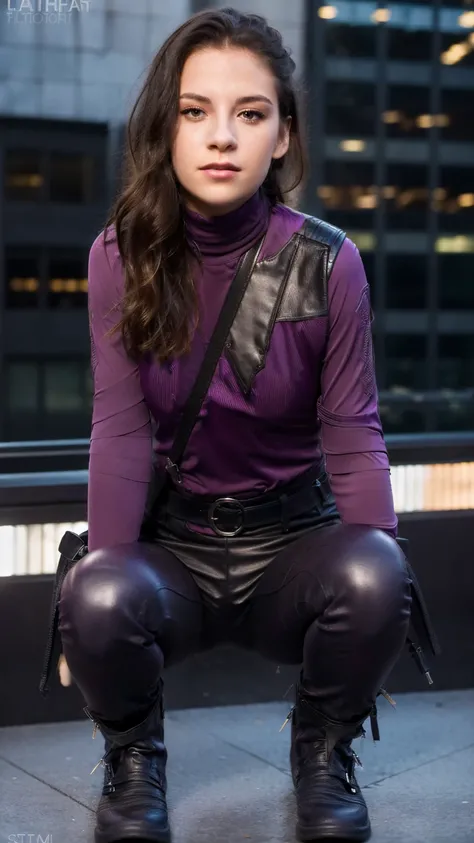 (masterpiece), (photorealistic1.4), (epiCRealLife), (lora:KateBishopFNLoRA:1.0 ribbed bodysuit costume), (KateBishopFNLoRA black leather pants), (KateBishopFNLoRA utilities belt), (leg holster) (KateBishopFNLoRA black gloves), (Kate Bishop Purple Costume),...